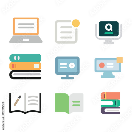 Flat style education and e-learning icons set. Includes student tools, school supplies, certificates, writing, reading, study elements. Perfect for academic, tutorial, or online learning projects.

