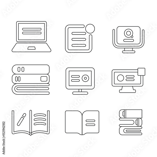 Modern vector line icons for e-learning and education themes. Includes symbols for study, school tools, exams, online classes, certificates, and digital training elements.