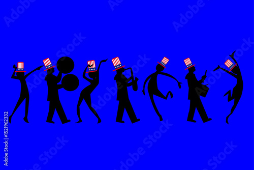 Illustration of silhouettes of dancing people wearing red, white and blue Uncle Sam hats, reflecting the joyful atmosphere of celebrating United States Independence Day