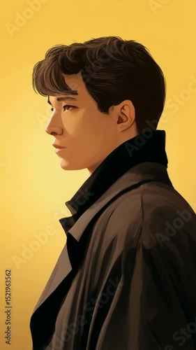 Portrait of a young man in a black jacket on a yellow background in profile, looking forward with soft hair, artistic depiction