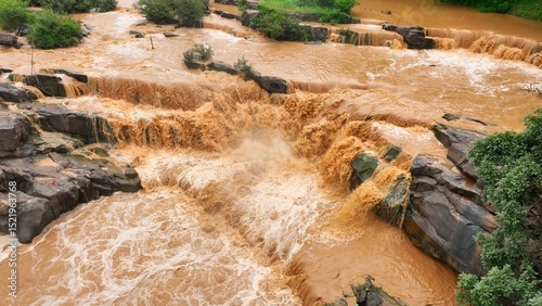 Aerial drone view of floodwaters surging through rocky landscapes, demonstrating the effects of climate change and global warming on natural disaster magnitude. Thailand.
