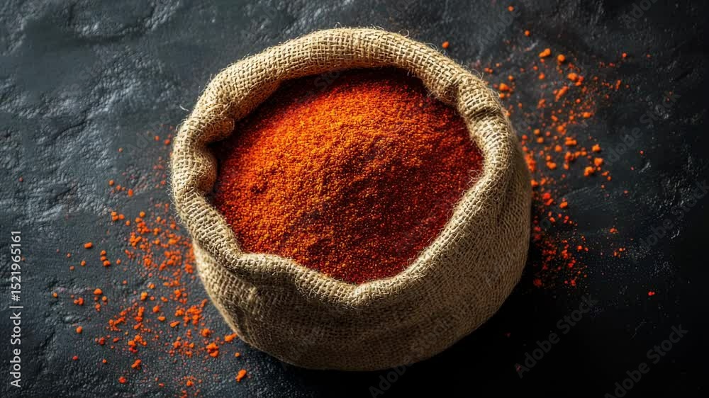 Vibrant paprika powder in a burlap sack on a textured dark background