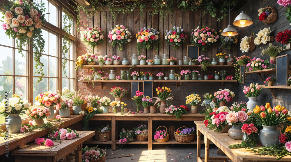 Naklejka premium Flower Shop Interior with Bouquets on Shelves