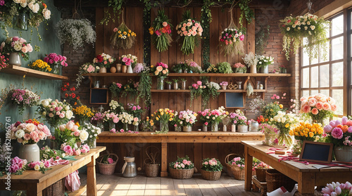 Flower Shop Interior with Bouquets on Shelves