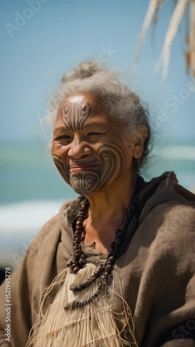 Elderly woman with traditional face tattoo smiling on the beach holding woven textile craft under bright sky