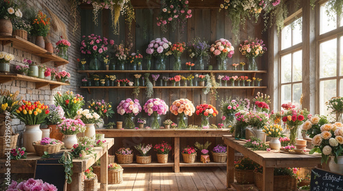 Flower Shop Interior with Bouquets on Shelves