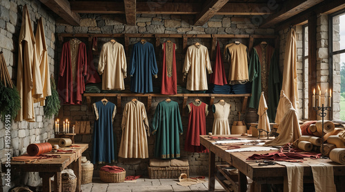 Interior view of a medieval clothing shop