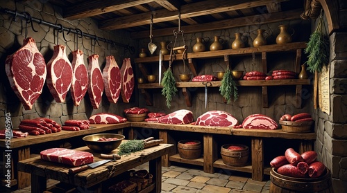 Interior view of a medieval butcher shop
