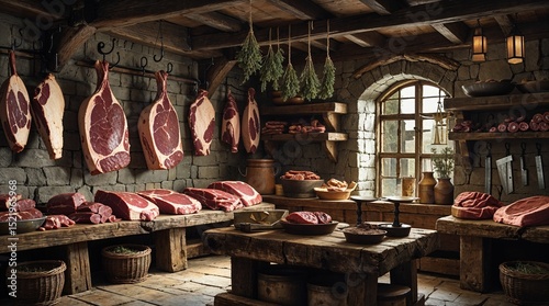 Interior view of a medieval butcher shop