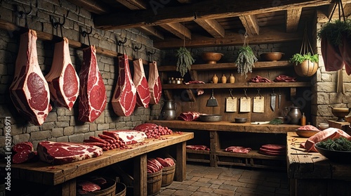 Interior view of a medieval butcher shop