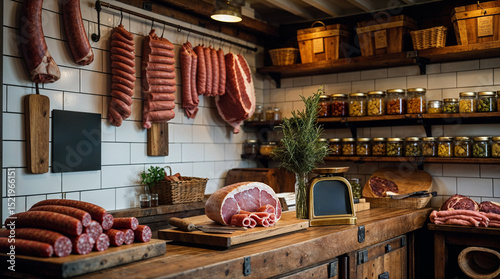Interior View of a Butcher Shop with Hams and Sausages