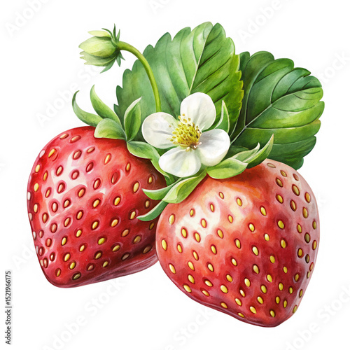 Two watercolor strawberries with flower isolated on transparent background