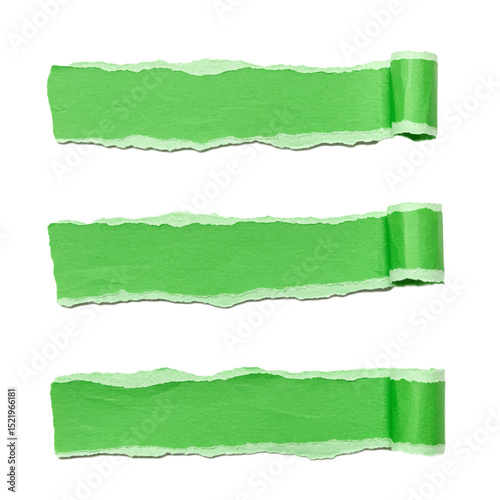 green ripped paper torn edge strip isolated on white background	
