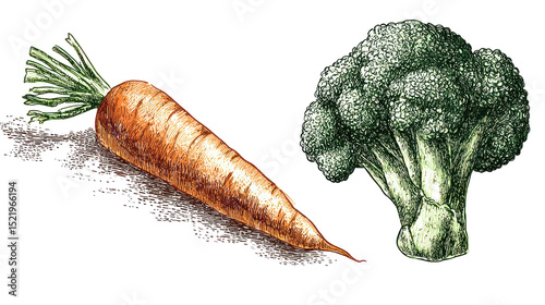  Hand-Drawn Vegetable Set with Carrot and Broccoli