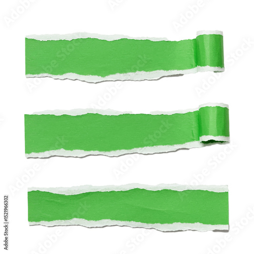 green ripped paper torn edge strip isolated on white background	
