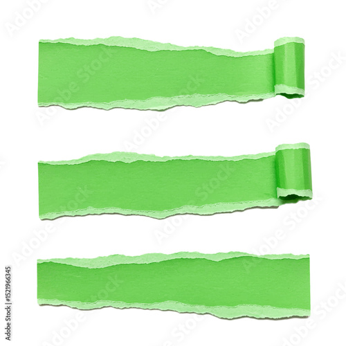 green ripped paper torn edge strip isolated on white background	