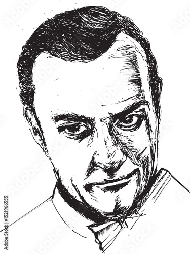 A detailed black and white sketch of an older man's face with a serious and intense expression, rendered in a classic hand-drawn style.