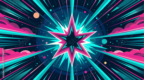 A vibrant and intense abstract illustration of a starburst explosion with a dark center, radiating sharp rays in electric pink and teal, set against a dark background with additional light streaks