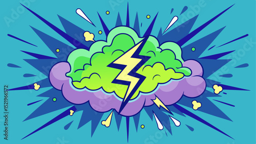 A vibrant, comic book-style illustration of a green and purple storm cloud with a yellow lightning bolt striking through it, surrounded by an energetic burst of blue abstract shapes and splashes on a 