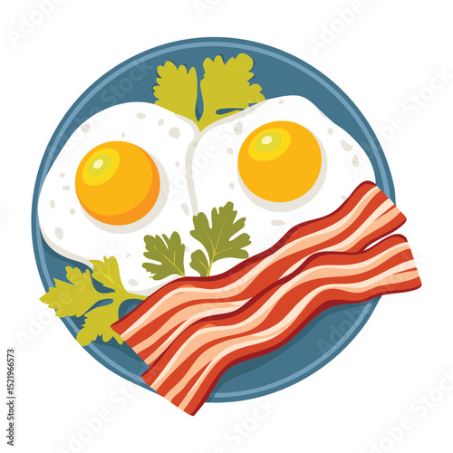 Fried Eggs with Bacon and Herbs - Vector Illustration