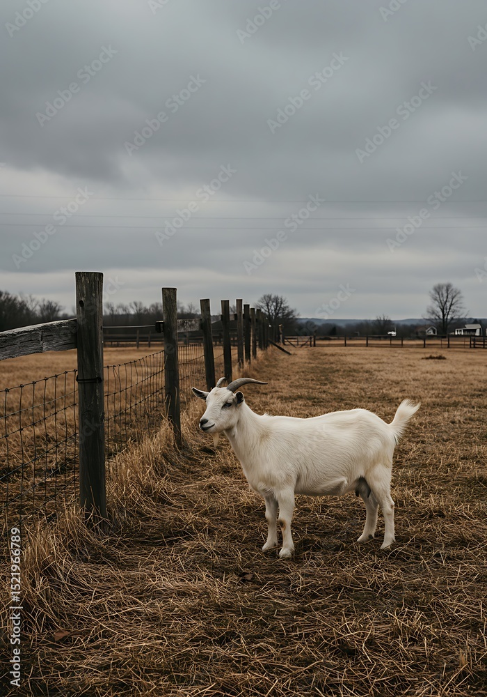 Obraz premium Goat standing on dry grass beside a rustic wooden fence