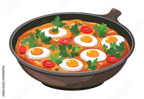 Eggs Baked in Tomato Sauce - Vector Illustration