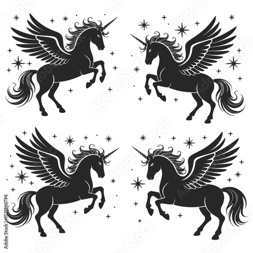 Black unicorn vector silhouettes on white background

