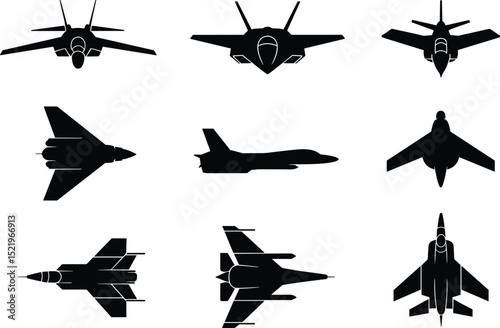 Silhouette Illustrations of Fighter Jets: Military Aircraft, Air Force, and Aviation Icons
