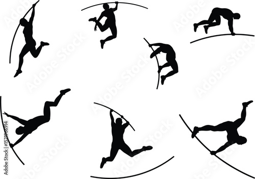 Silhouette Illustrations of Track and Field Athletes: Jumping, Pole Vault, and High Jump Poses