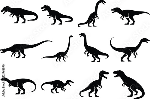 Silhouette Illustrations of Various Dinosaurs: Prehistoric, Extinct, and Fossil Icons
