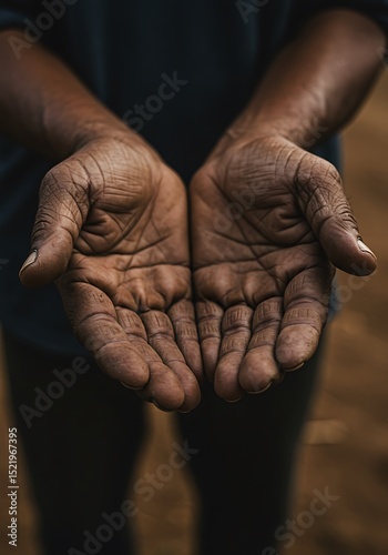 Close-up of cracked hands of an elderly farmer