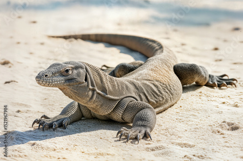large komodo dragon resting on sandy ground beach desert environment gran dragón de komodo descansando en suelo arenoso playa ambiente desértico grand dragon de komodo se reposant komodo ejderi