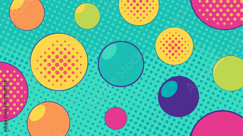 A playful and vibrant pop art-style background featuring an array of colorful circles of varying sizes, some with halftone dot patterns, scattered across a teal background with a subtle halftone textu
