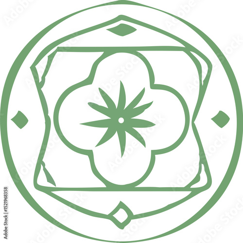 Intricate green floral symbol, showcasing elegant design and geometric shapes.