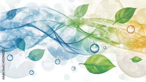 Abstract blue and green wave with leaves and bubbles on a light background.