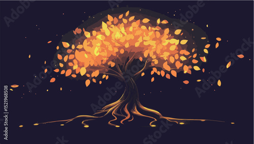 A vibrant tree with glowing orange leaves against a dark background.