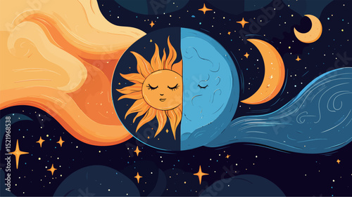A whimsical and colorful illustration of the sun and moon sharing the sky.