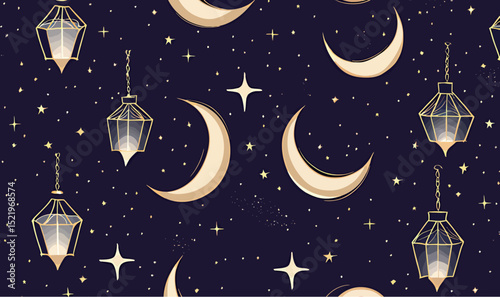 Navy blue night sky pattern with golden moons and lanterns, creating a dreamy atmosphere.