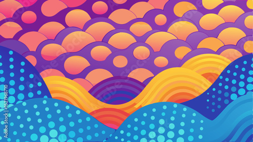 A vibrant and abstract landscape illustration featuring stylized rolling hills with halftone patterns and an undulating sky filled with organic, wavy shapes in a gradient of warm and cool colors.