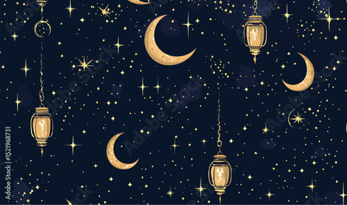 A whimsical night sky pattern featuring golden lanterns and crescent moons.