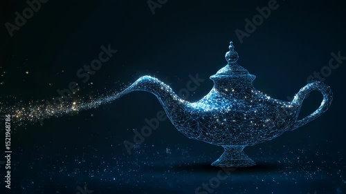 Digital animation of a magic lamp releasing sparkling particles on a dark background