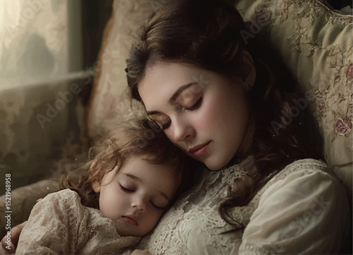 Tender moment of a young Caucasian woman and girl sleeping peacefully together.