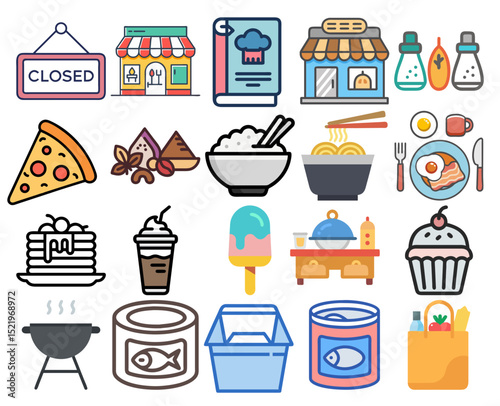 Collection of Food and Restaurant Related Icons on a Black Background