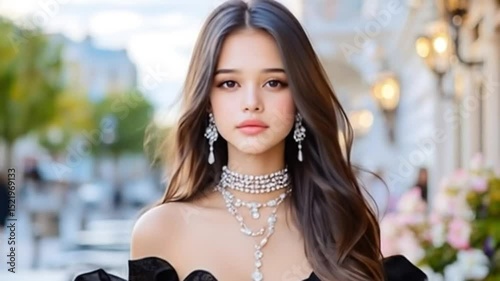 Portrait of a woman in black dress with jewelry standing outside near flowers and buildings