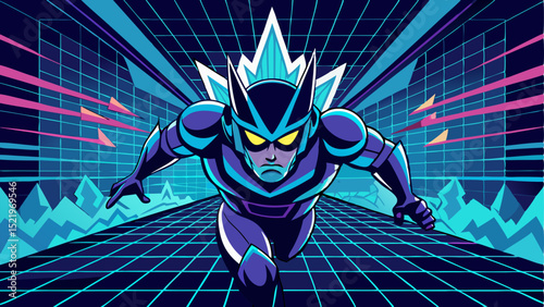 A dynamic, retro-futuristic illustration of a superhero-like character in a dark, stylized suit with glowing accents and sharp features, running forward into a neon-grid cyberspace tunnel with vibrant