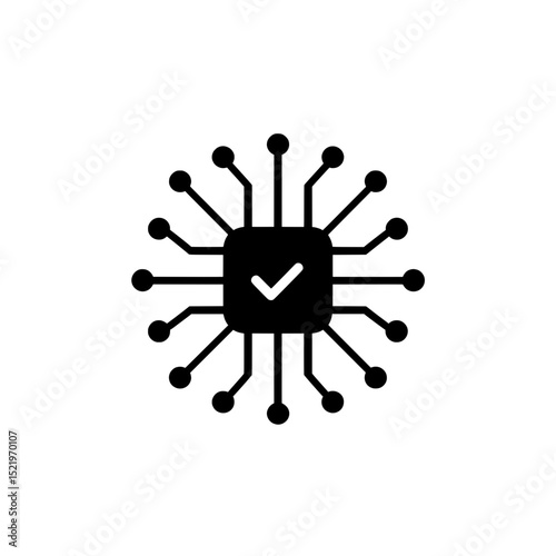 Digital checkmark inside a microchip with extended circuit lines representing verified technology or security
