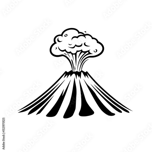 Erupting volcano with exaggerated smoke and lava details in hand-drawn black silhouette