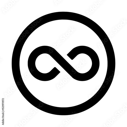 Infinity loop icon in black solid circle representing continuity, endless process, or modern app interface