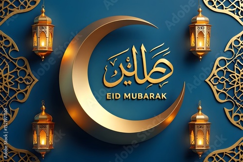 Elegant eid mubarak greeting card with golden moon lanterns and islamic decorations