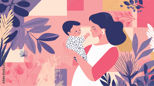 A loving mother, with long dark hair, smiles at her baby in a colorful, floral setting.
